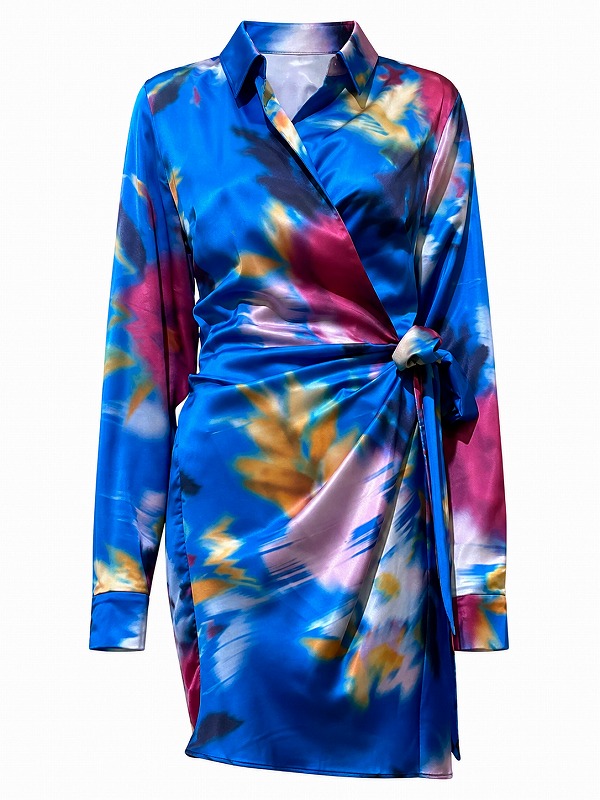 【新品DRESS 865】カラフルフラワープリント襟付きラップミニドレス ブルー【LIQUORISH】